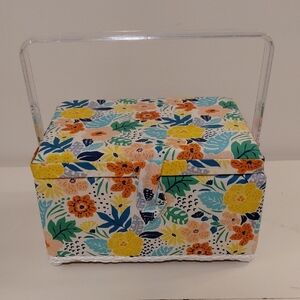 Vintage Vibrant Floral Sewing Basket with Clear Handle